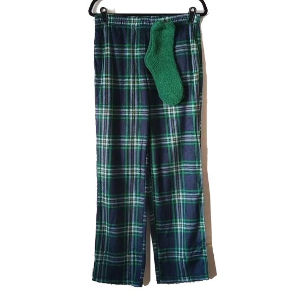 NWT 2PC Sleep Chic Plaid Pajama Pants Socks S Bottoms Blue Green JC Penney - Picture 2 of 10